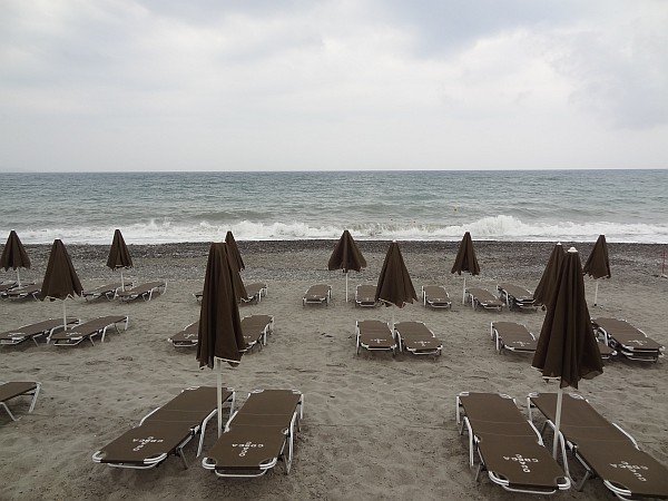 Sun loungers and parasols at Maleme beach