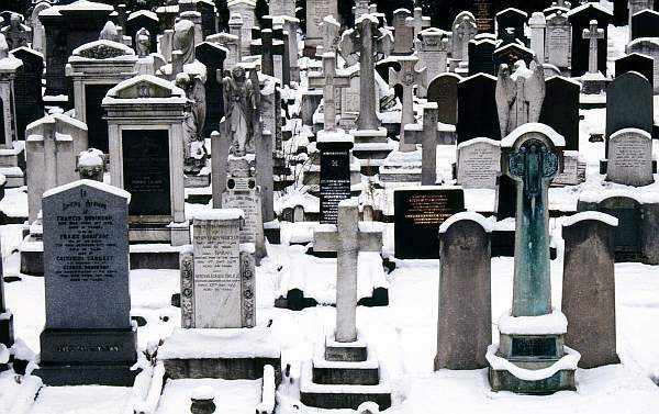 Tombstones at Welford Road Cemetary, Leicester in Winter