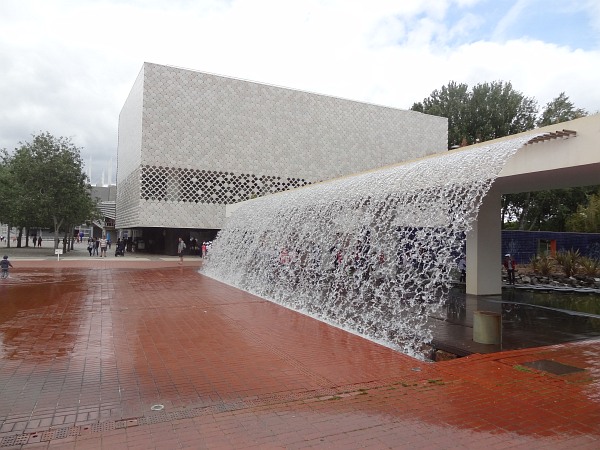 Entrance building to Lisbon Oceanarium with waterfall
