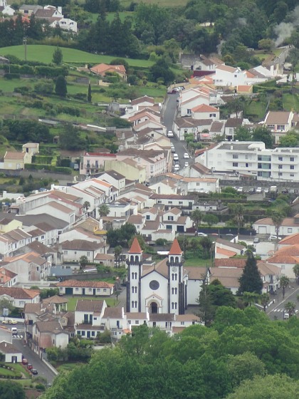 Furnas close-up with church Igreja De Nossa Senhora da Alegria