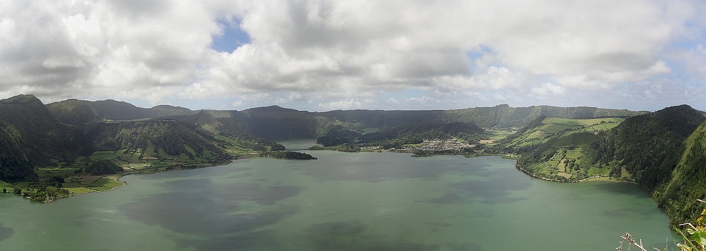 Panorama of Sete Cidades Lagoa Azul (Blue Lake) Twin Lakes from North Eastern Crater Rim