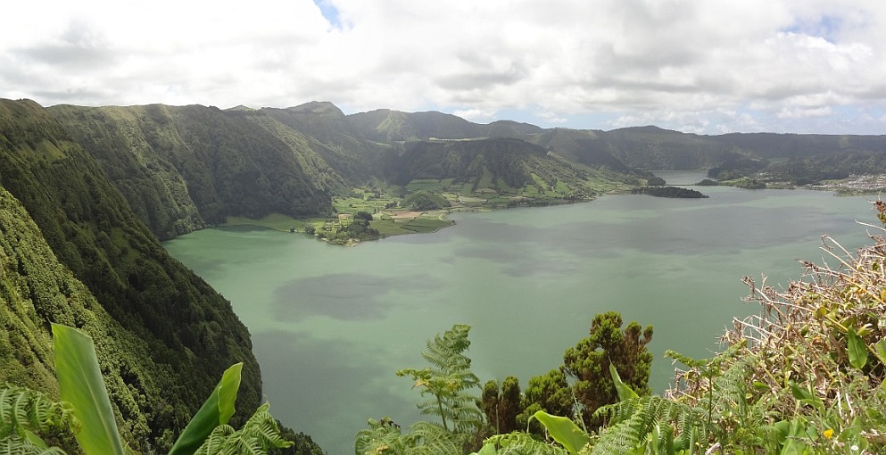 Panorama of Sete Cidades Lagoa Azul (Blue Lake) Twin Lakes from Eastern Crater Rim