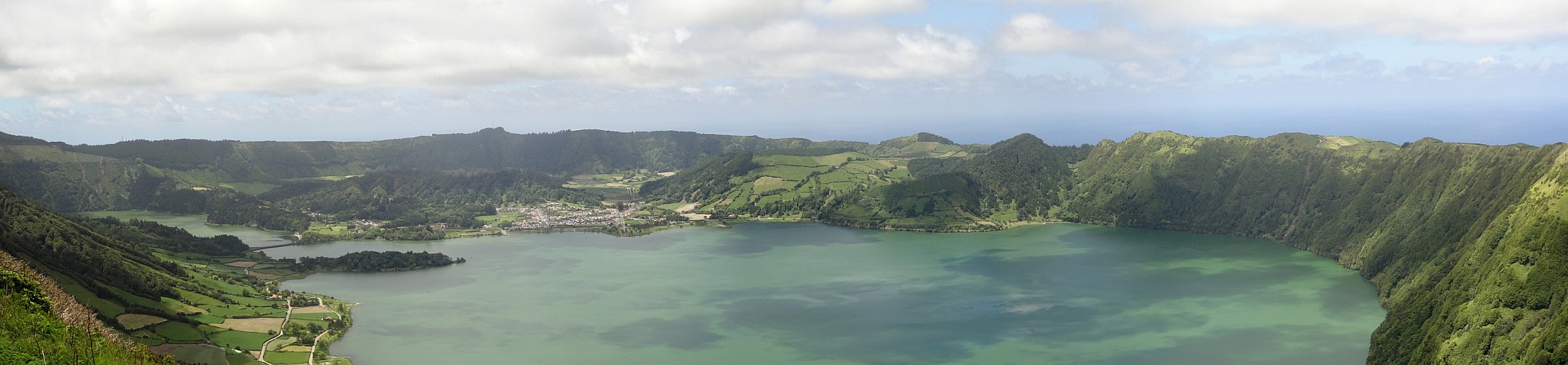 Panorama of Sete Cidades Lagoa Azul (Blue Lake) from Eastern Crater Rim