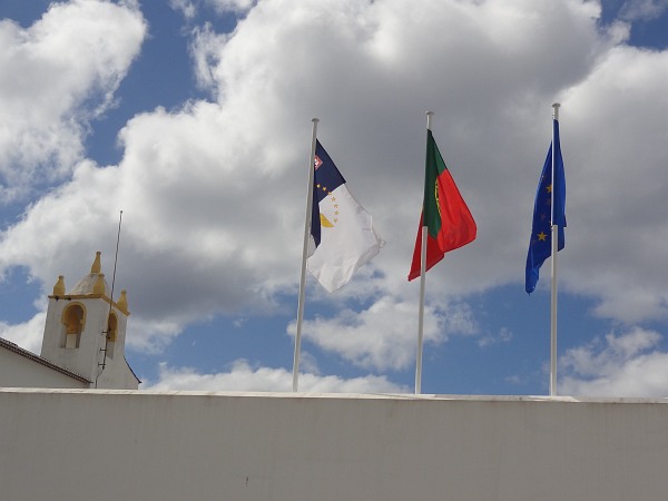 Azorean, Portuguese and European flag in Ponta Delgada