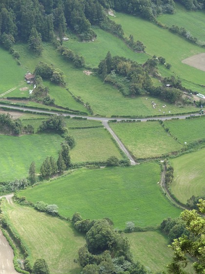 Fields and street insider crater near Sete Cidades